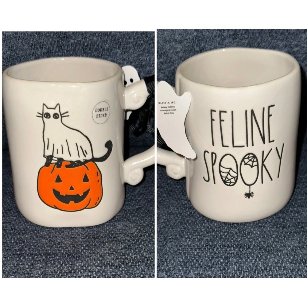 Rae Dunn Feline Spooky Halloween Mug Ghost Cat Pumpkin Magenta Ceramic Mug